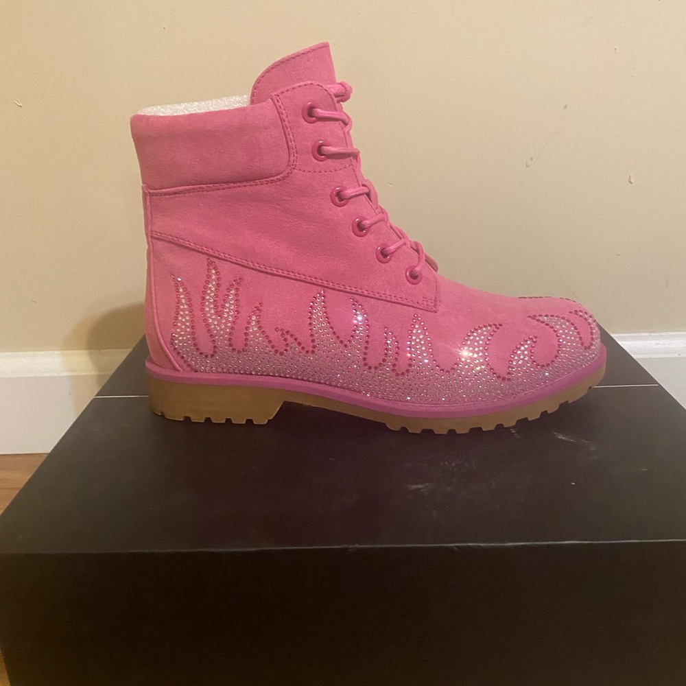 Cape Robbin Pink Suede Lace-Up Boot with Crystal Flame Accents